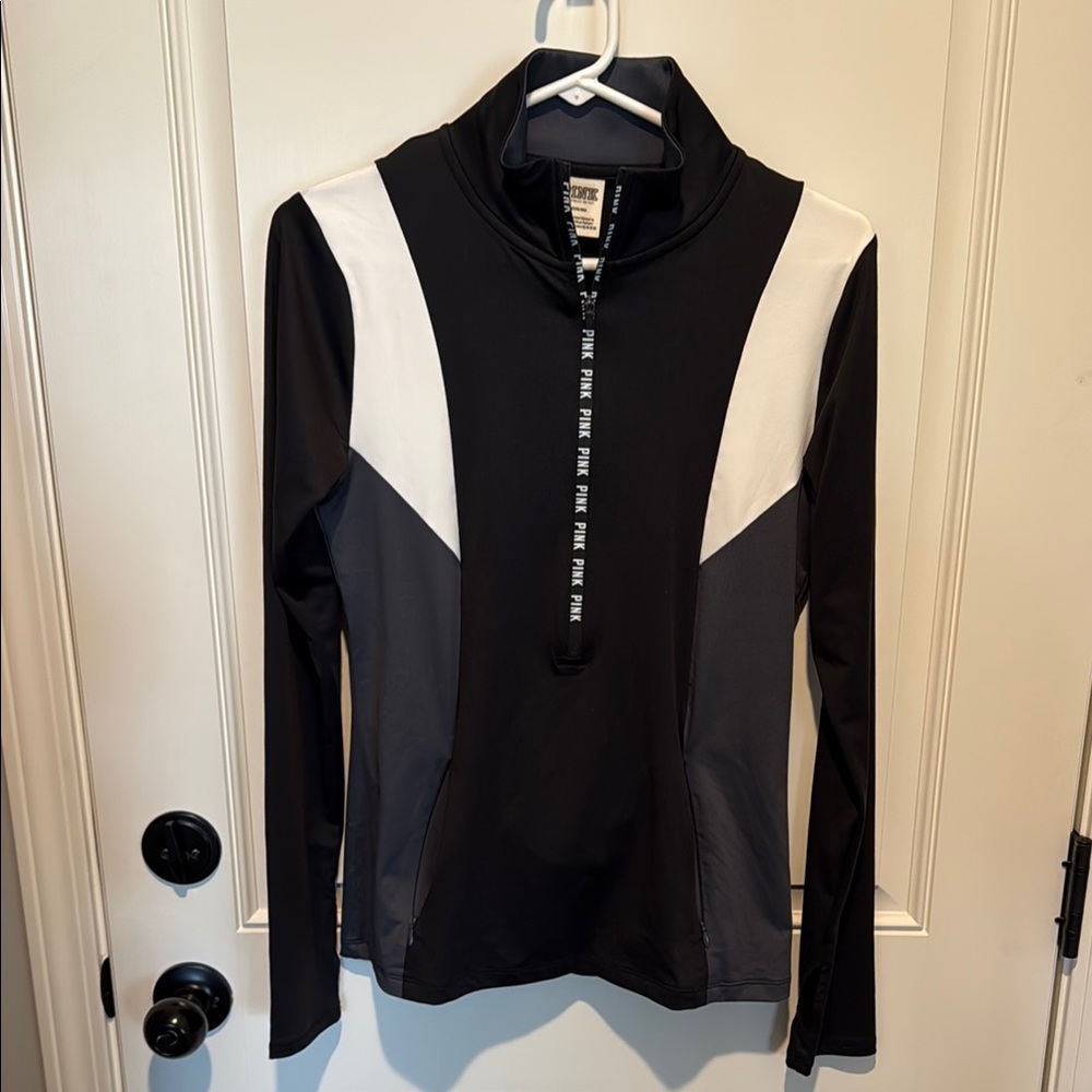 PINK Black and White Quarter-Zip Pullover with Front Pocket